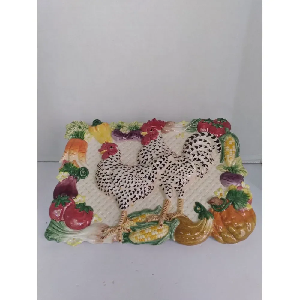 Vintage Farmhouse Rooster Decorative Platter with Vegetable Border Kitchen Decor